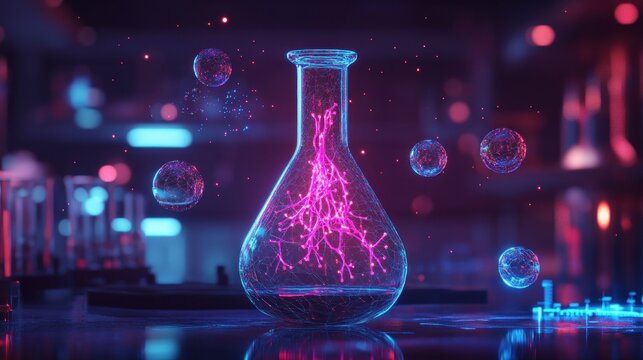 A glowing flask with vibrant pink liquid and bubbles, symbolizing scientific experimentation.