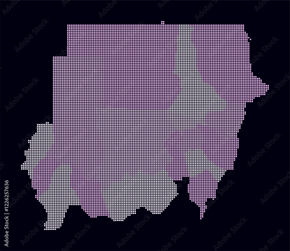 Poster sudan dotted map. digital style map of the country on dark background. sudan shape with square dots.