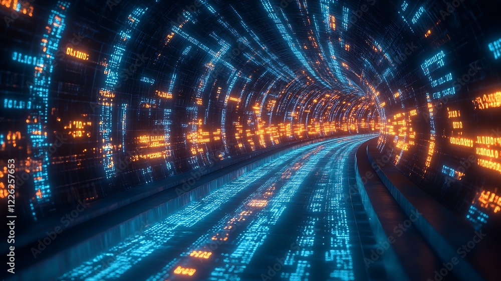 Aufkleber futuristic cyber corridor with streaming digital networks and neon lights : generative ai