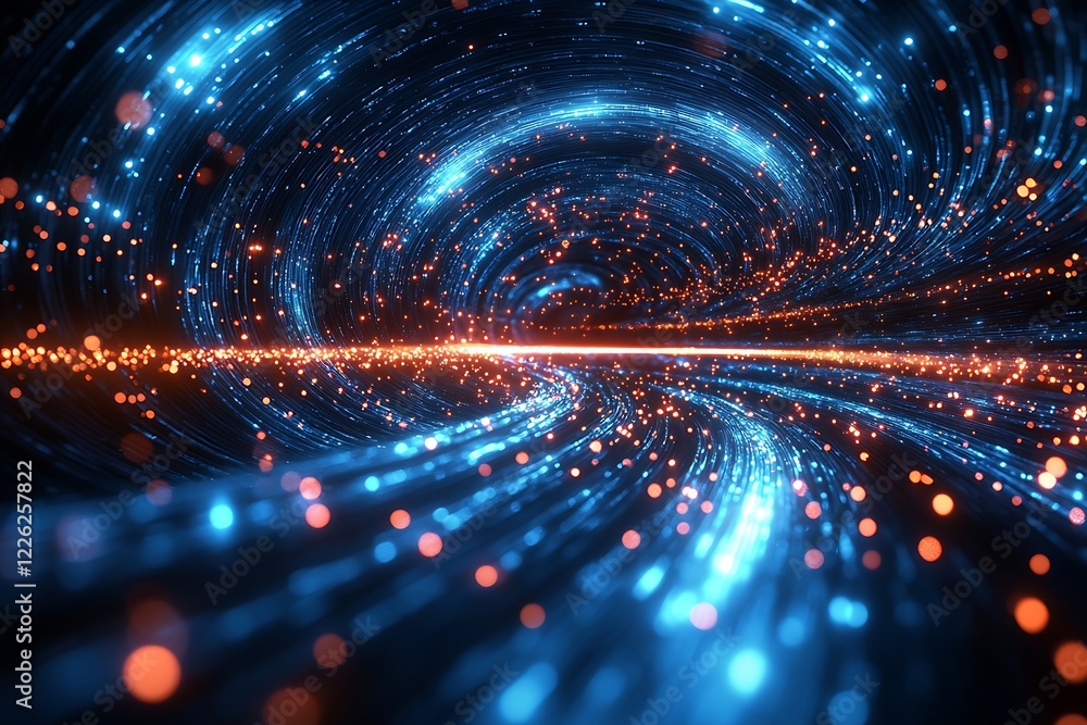 Poster vibrant futuristic neural network visualization with bright blue and orange lights : generative ai