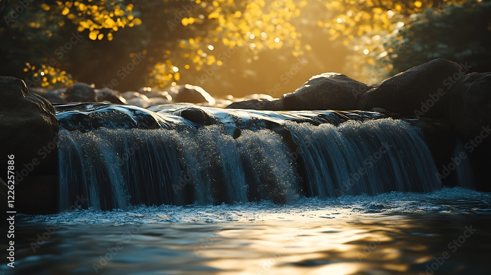 Aufkleber Golden Hour Stream with Soft Cascading Water in a Tranquil Forest Setting : Generative AI