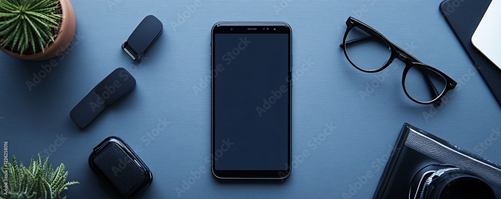Poster Perfect setup for showcasing your mobile app or website: smartphone with blank screen on blue table surrounded by various items