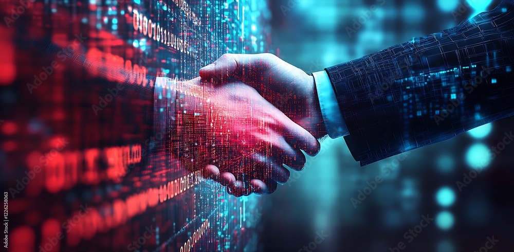 Poster Technological Business Collaboration Depicted by Handshake and Binary Code : Generative AI