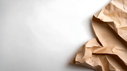 Crumpled brown paper on white background, copy space.