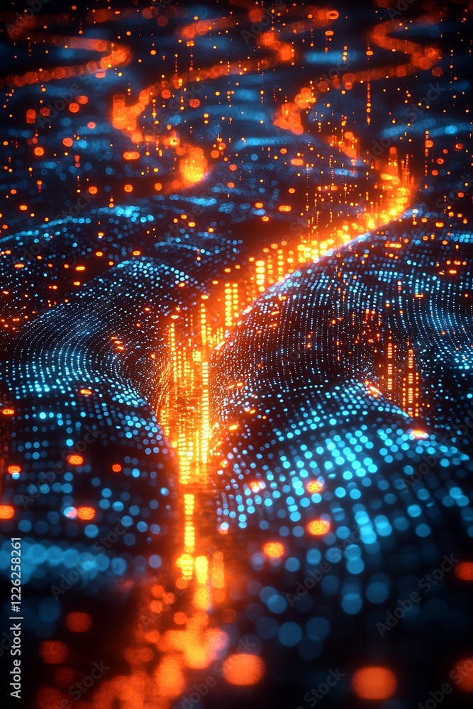 Poster Dynamic Flowing Light Patterns with Neon Colored Particles on Digital Abstract Surface : Generative AI