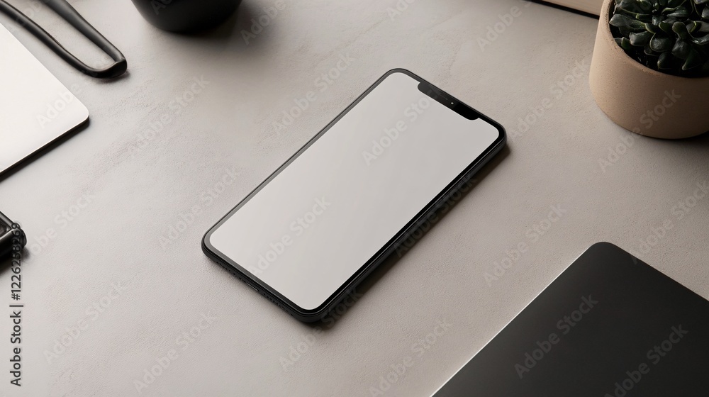 Poster minimalist workspace is shown, featuring a smartphone with a blank screen, perfect for showcasing yo