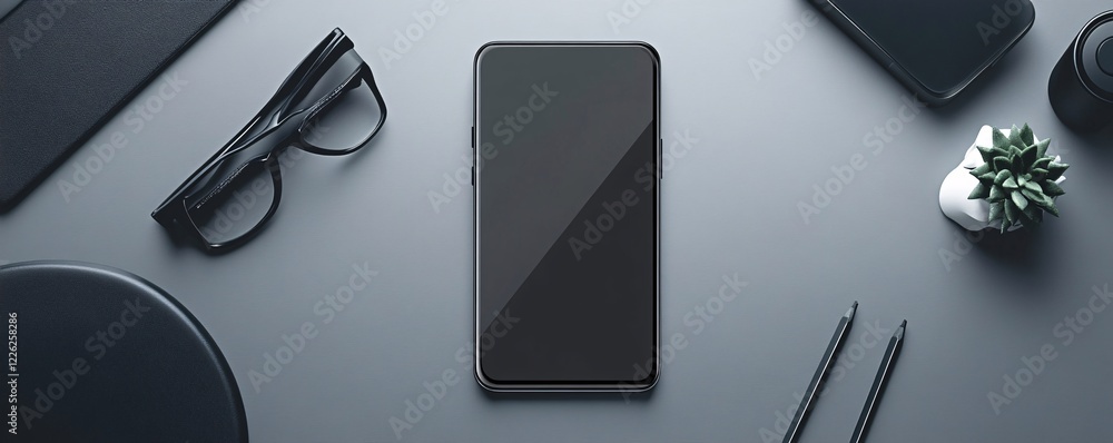 Poster top view of smartphone with blank screen lying on gray table with office supplies around