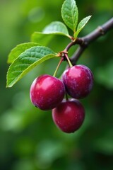 Green leaves and ripe plums on a wooden branch, plum, nature, harvest