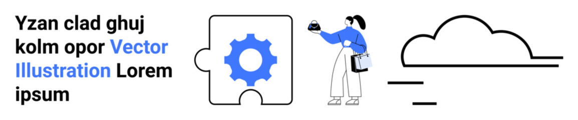 Puzzle piece with gear icon, person holding coffee, and cloud graphics. Ideal for teamwork, problem solving, innovation, strategy, creativity, business planning technology visuals flat landing page