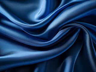 Fototapeta premium A luxurious deep blue silk satin fabric with elegant, soft wavy folds. The fabric has a liquid wave effect, reflecting light beautifully. A rich navy blue tone dominates the scene