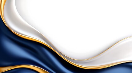 Elegant navy blue and white silk waves with gold accents on white background.