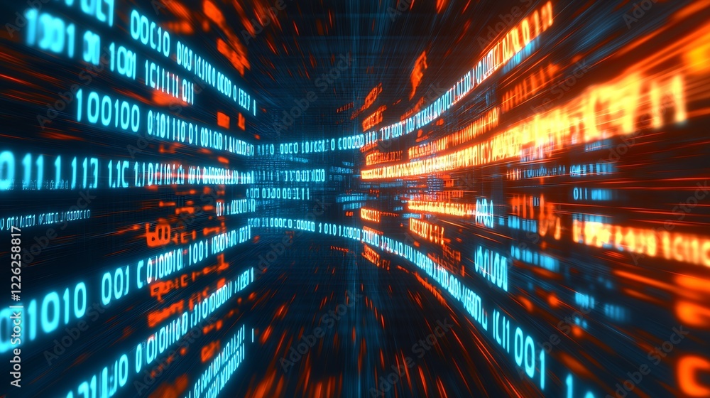 Poster Vivid Swirling Lines of Binary Code in Blue and Orange for Futuristic Digital Backgrounds : Generative AI