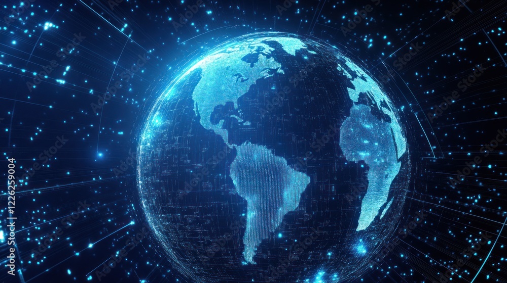 Poster digital earth globe with glowing lines and points representing global connectivity