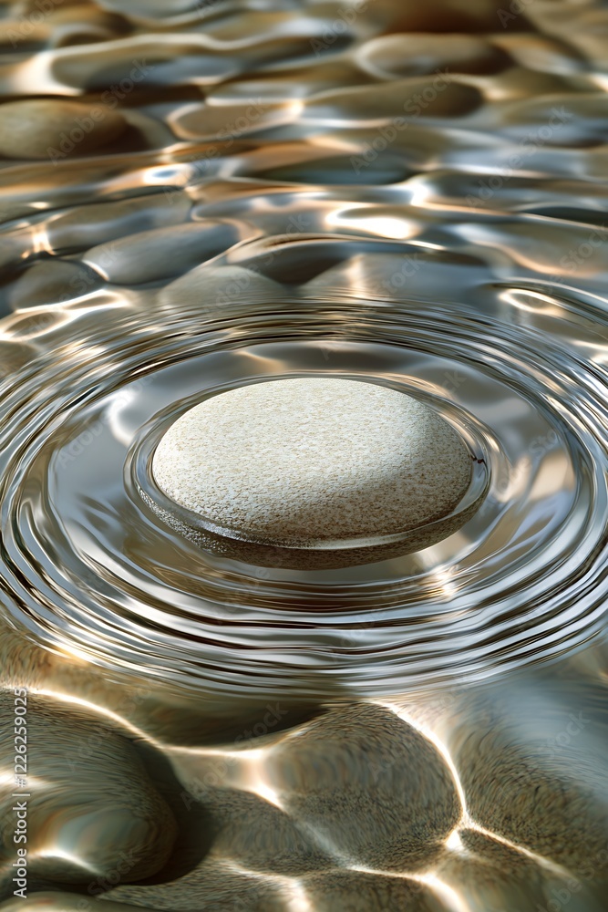 Poster smooth pebble in tranquil water creating rippling patterns with gentle elegance : generative ai