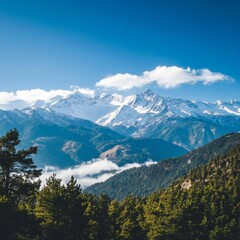 Obraz premium Majestic Himalayan Mountain Range with Snow-Capped Peaks and Lush Green Forests