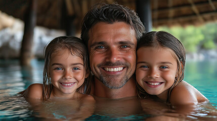 Fototapeta premium Smiling caucasian man with twin girls in pool, joyful family moment