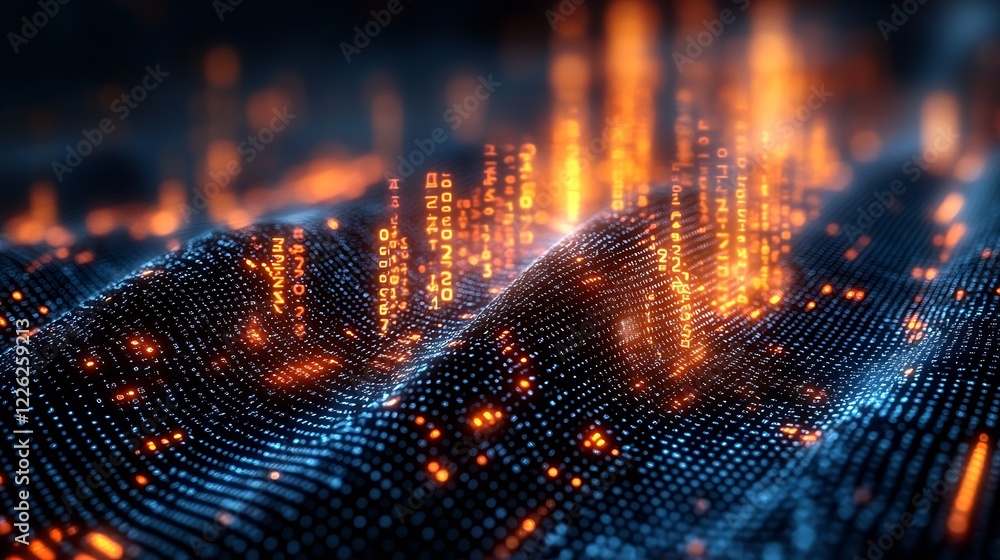 Aufkleber Abstract Digital Waves with Glowing Orange Data Streams on Blue Matrix : Generative AI