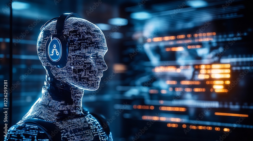 Poster Digital Figure with Headphones in Cyber Environment of Data and Code Displays : Generative AI