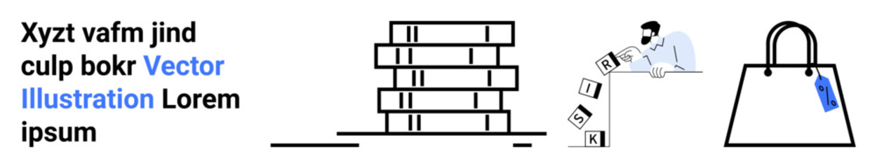 Stacked books indicating knowledge, person interacting with sales tags representing shopping, handbag depicting retail. Ideal for education, e-commerce, sales, marketing, online stores, literacy