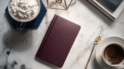 Naklejka premium A cozy setup featuring a notebook, coffee, and whipped cream, ideal for reflection or writing.