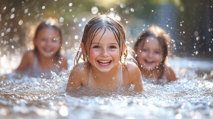 Obraz premium Joyful caucasian girls splashing in sunlit water outdoors