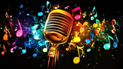 Bright, glowing lights and colorful musical notes surround a vintage microphone, bringing life to a musical stage scene.