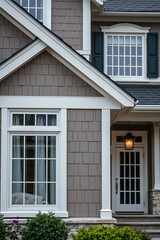 Luxury Home Exterior: Grey Shingle Siding, White Trim, and Classic Design