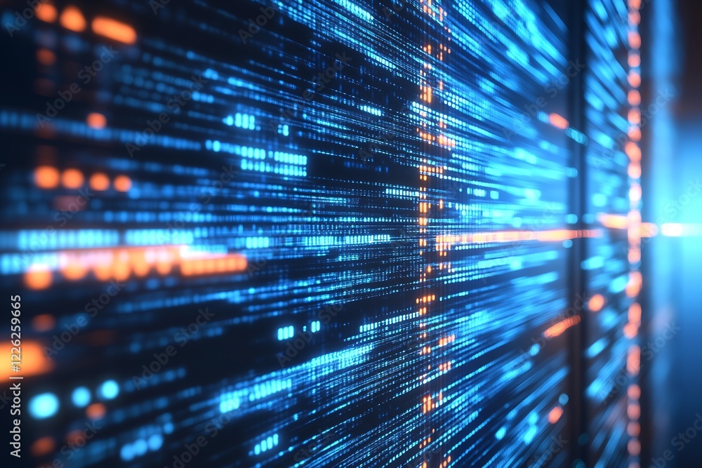 Aufkleber Abstract Futuristic Digital Network with Glowing Blue Orange Light Patterns : Generative AI