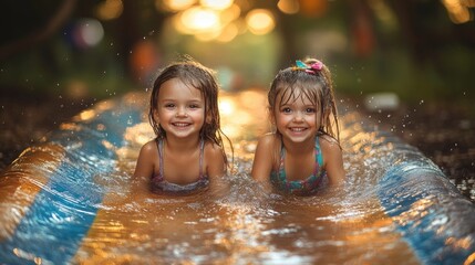 Joyful caucasian young girls playing on slip-and-slide at sunset in summer