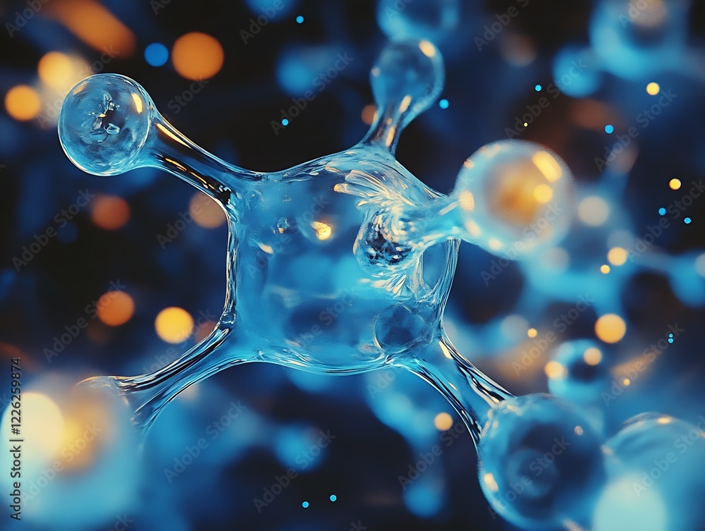 Poster abstract molecular structure with blue atoms and orange light effects : generative ai