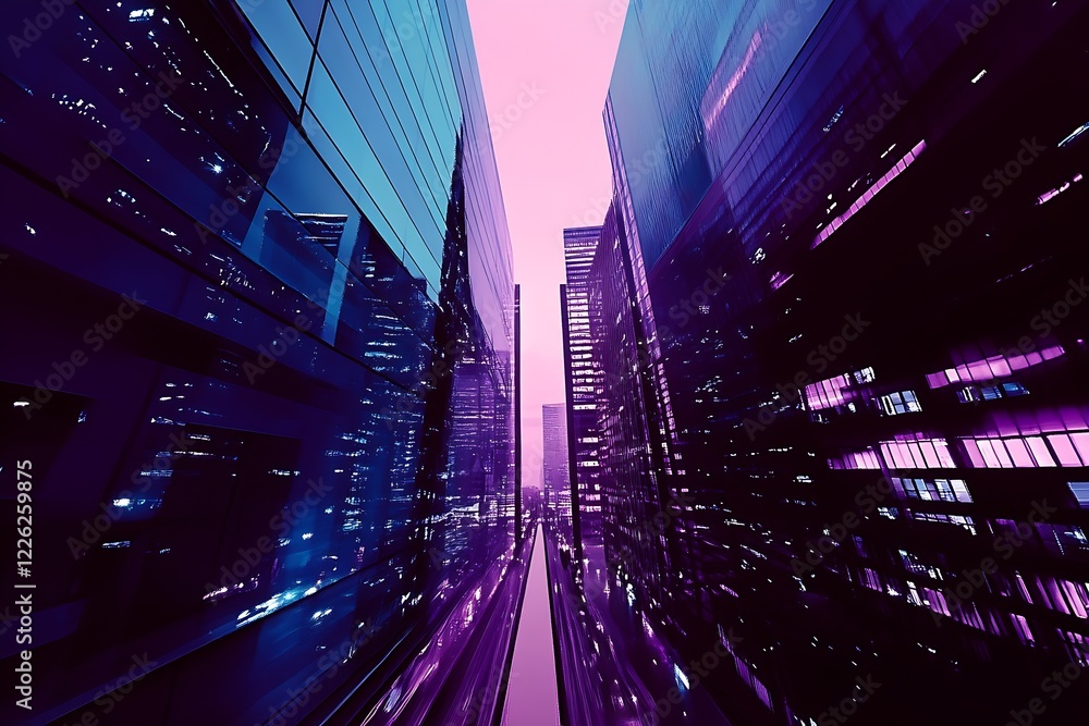 Poster Symmetrical View of City Skyscrapers with Reflective Surfaces at Dusk : Generative AI
