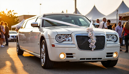 Elegant wedding limousine showcased at outdoor fair, luxury experience