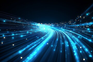 Obraz premium Vibrant Blue and Gold Light Waves Portraying High-Speed Data Transmission and Networking : Generative AI