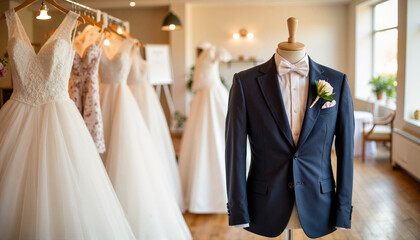 Elegant groom's wedding suit displayed at wedding fair, bridal elegance
