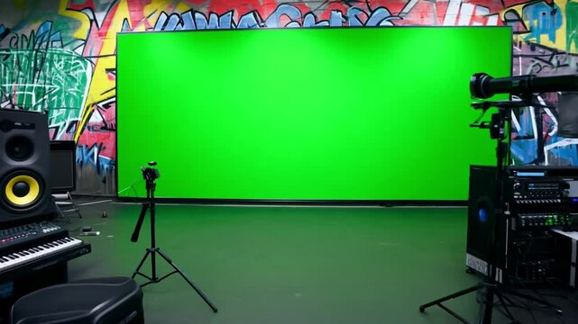 Green Screen Studio Setup: A vibrant and modern recording studio features a large green screen backdrop, professional audio equipment, lighting setup, and graffiti-style wall art.