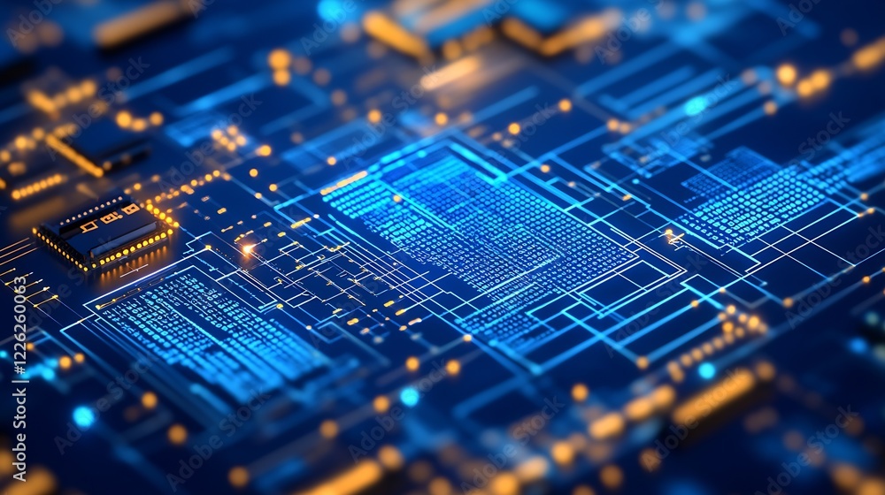 Poster Futuristic Digital Circuit Board with Glowing Data Flow Background : Generative AI
