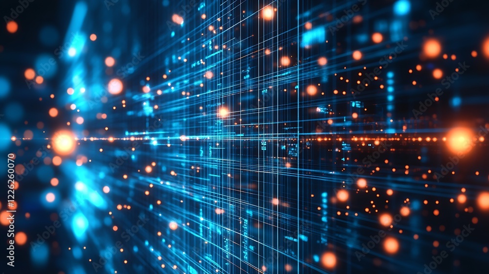 Aufkleber Digital Network Grid with Blue and Orange Lines Depicting Cyber Data Flow and Technological Connectivity : Generative AI