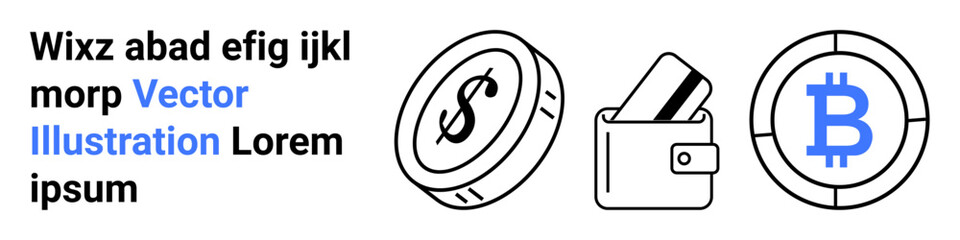 Coin with dollar sign, wallet with cards, and Bitcoin symbol. Ideal for finance, cryptocurrency, digital wallet, online payments, financial technology virtual money investment. Landing page