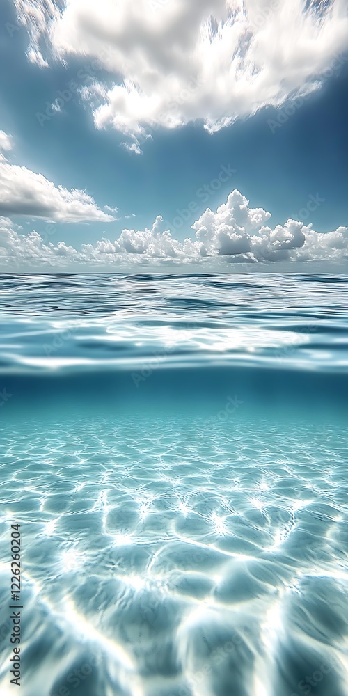 Aufkleber scenic coastal ocean and sky view in pristine tropical paradise with bright clouds : generative ai
