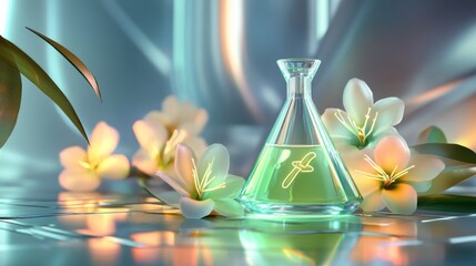 A glass flask with a green liquid surrounded by flowers, suggesting a scientific or botanical theme.