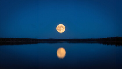 Serene full moon reflection over still lake at night, tranquil beauty