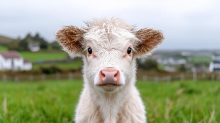 Fototapeta premium Cute calf in green pasture, rural Ireland. Farm animal portrait for agriculture