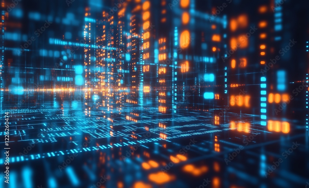 Poster Vibrant High-Tech Binary Data Stream with Orange and Blue Elements : Generative AI