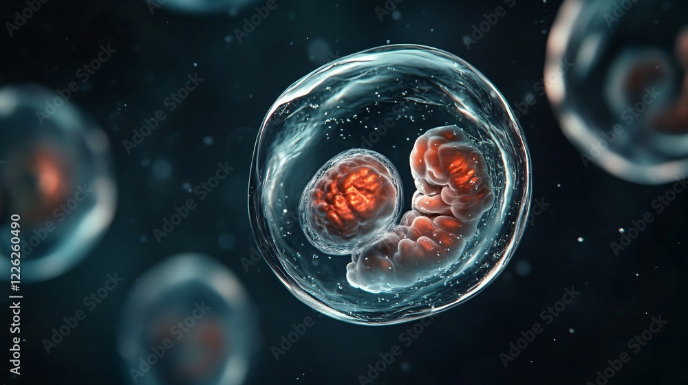 Poster microscopic view of a biological cell dividing and replicating