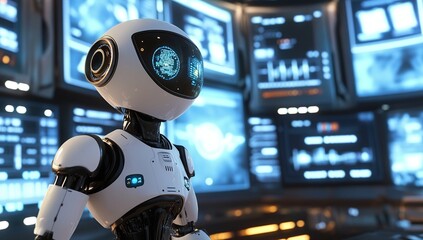 Advanced Robot Analyzes Data Efficiently on Futuristic Screens in Control Room