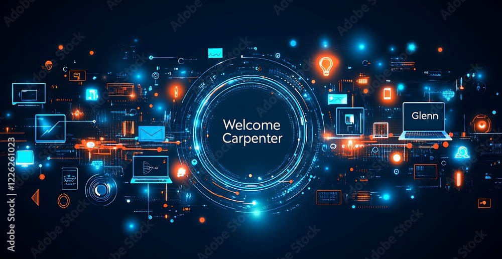 Poster Advanced Technology Interface with Cyber Elements and Welcome Message in Blue and Orange : Generative AI