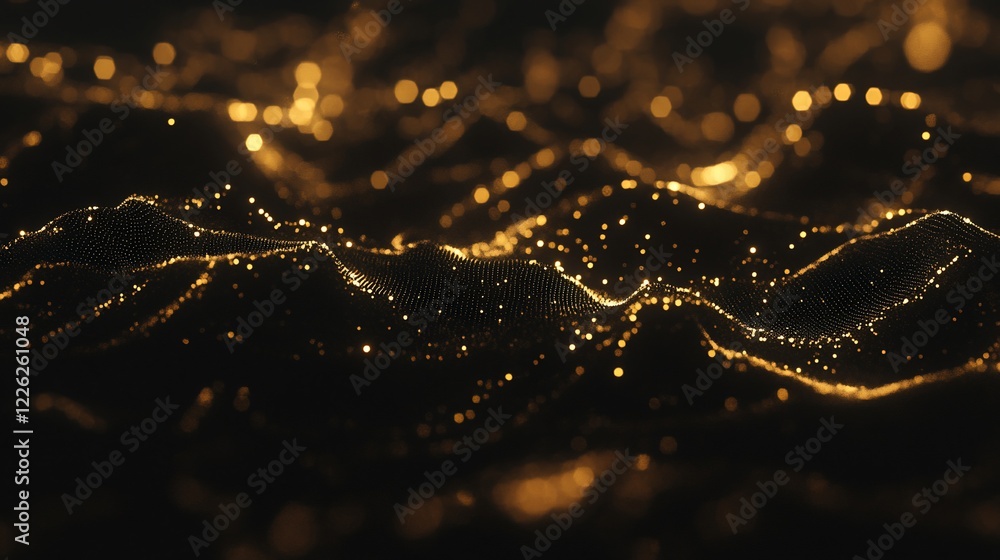 Poster abstract golden wave with bokeh effect on dark background forming a futuristic scene