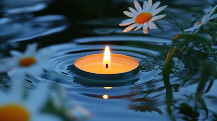 Peaceful Floating Candle with Daisies in Calm Water Reflection