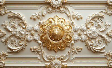 Intricate floral design featuring a central circular motif surrounded by layered petals and ornamental details in gold and white. Generative AI