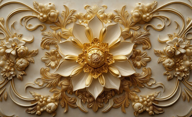 Intricate floral design featuring a central circular motif surrounded by layered petals and ornamental details in gold and white. Generative AI